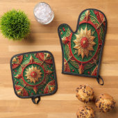 Rood groene decoratie ovenwant & pannenlap set (Top down)