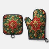 Rood groene decoratie ovenwant & pannenlap set (Voorkant)