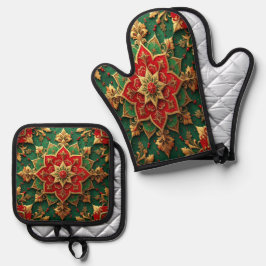 Rood groene decoratie ovenwant & pannenlap set