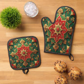 Rood groene decoratie ovenwant & pannenlap set (Top down)