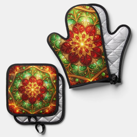 Rood groene decoratie ovenwant & pannenlap set (Voorkant / Achterkant)