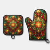 Rood groene decoratie ovenwant & pannenlap set (Voorkant)