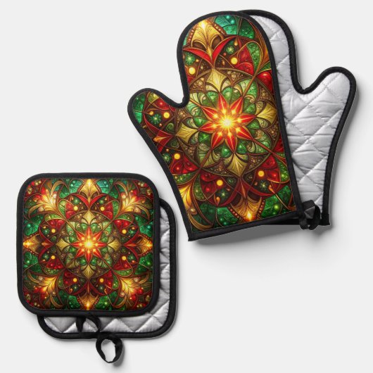 Rood groene decoratie ovenwant & pannenlap set (Voorkant / Achterkant)