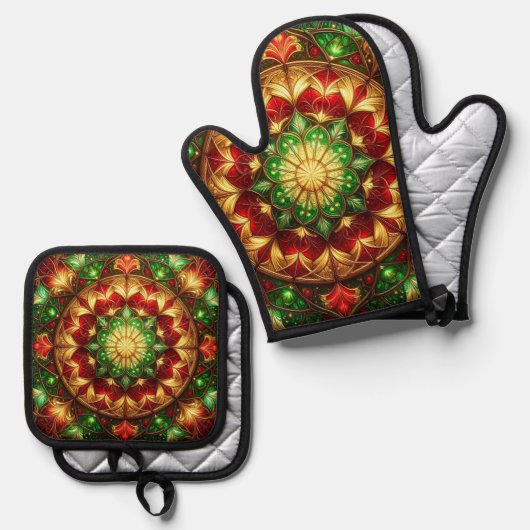 Rood groene decoratie ovenwant & pannenlap set (Voorkant / Achterkant)