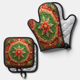 Rood groene decoratie ovenwant & pannenlap set