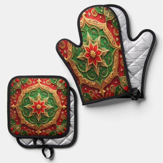 Rood groene decoratie ovenwant & pannenlap set (Voorkant / Achterkant)