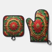 Rood groene decoratie ovenwant & pannenlap set (Voorkant)