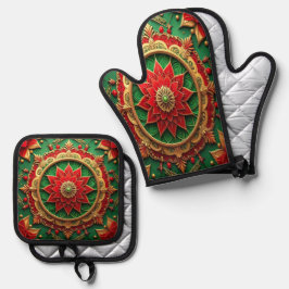 Rood groene decoratie ovenwant & pannenlap set