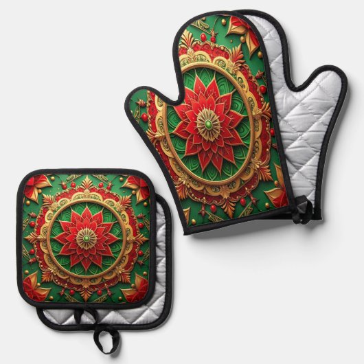 Rood groene decoratie ovenwant & pannenlap set (Voorkant / Achterkant)