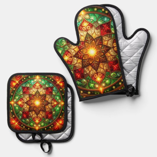 Rood groene decoratie ovenwant & pannenlap set (Voorkant / Achterkant)