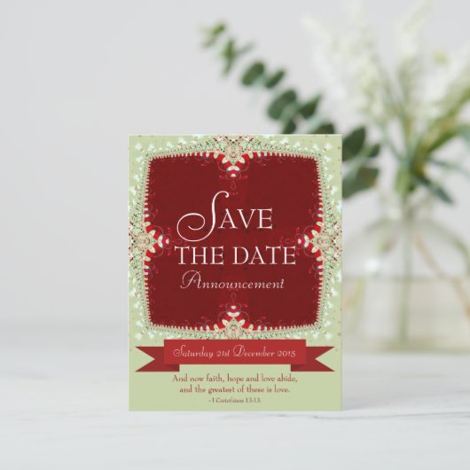 Rood + groene kant Save the Date uitnodiging (Staand voorkant)