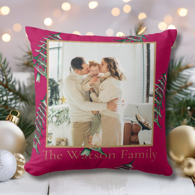 Rood groene Pagoda Vrolijke Kerstboom 1-Foto Kussen (Red green Pagoda Merry Christmas Tree 1-Photo Throw Pillow)