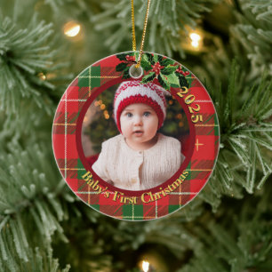 Rood groene ruit Baby's eerste kerstfoto Keramisch Ornament