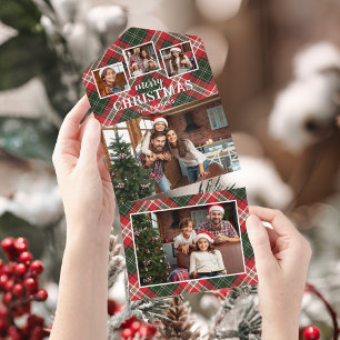 Rood/groene rustieke kerstkaart met 4 foto's all in one uitnodiging