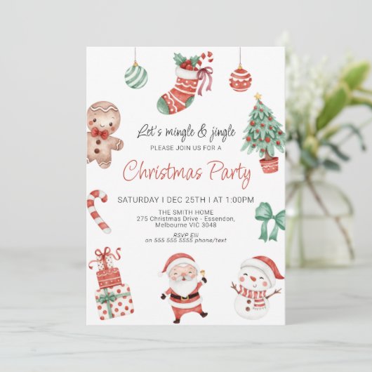 Rood groene schattige kerstman kerstfeest uitnodig kaart (Staand voorkant)