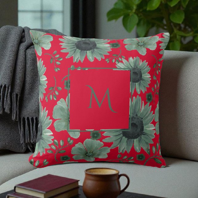 Rood groene waterverf bloemendecoratie met schrift kussen (Creator heeft geüpload)