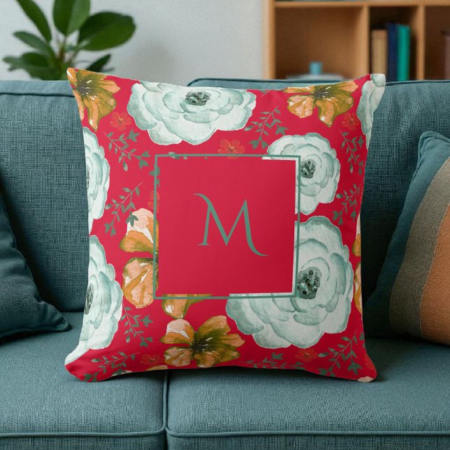 Rood groene waterverf bloemendecoratie met schrift kussen (Creator heeft geüpload)
