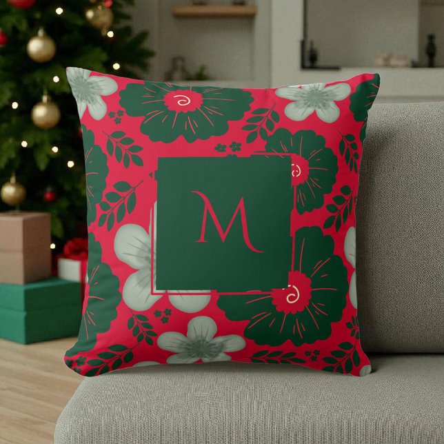 Rood groene waterverf bloemendecoratie met schrift kussen (Creator heeft geüpload)