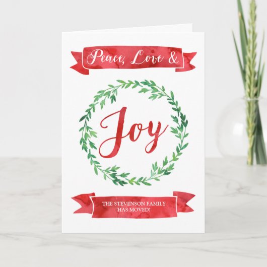 Rood Groene Waterverf Krans Kerst Nieuw Adres Feestdagen Kaart (Voorkant)