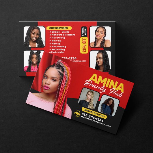 Rood Haar & Beauty Salon Braider Haarstylist Pruik Visitekaartje