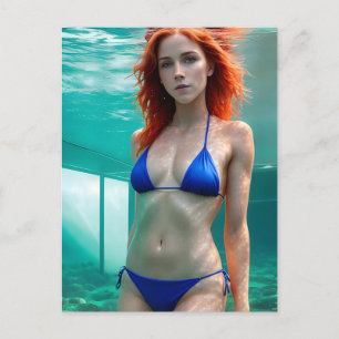 Rood haar Blue Bikini Onderwater Briefkaart