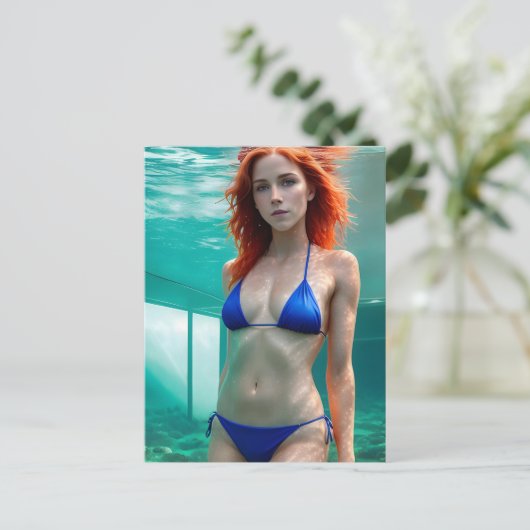 Rood haar Blue Bikini Onderwater Briefkaart (Staand voorkant)