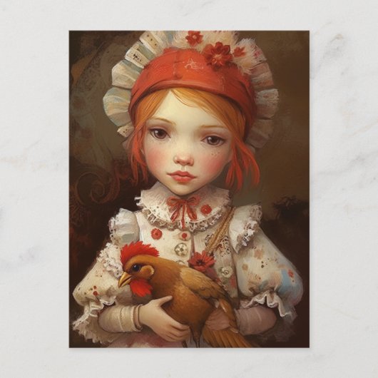 rood haar meisje houdt haar huisdier kip AI kunst Briefkaart (Voorkant)