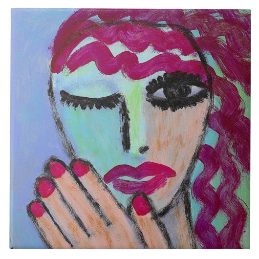 Rood haar rode nagels abstract portret tegeltje (Voorkant)