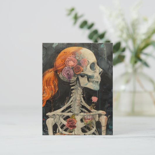 Rood haar skelet met bloemen briefkaart (Staand voorkant)