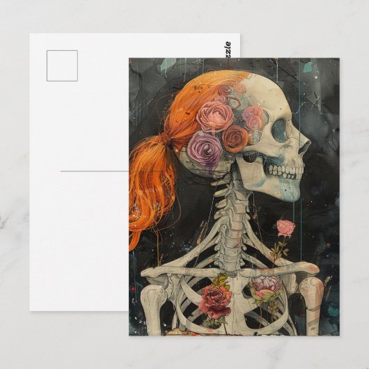 Rood haar skelet met bloemen briefkaart (Voorkant / Achterkant)