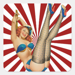 Rood Haired Pin-up Meisje Retro Sunset Vierkante Sticker
