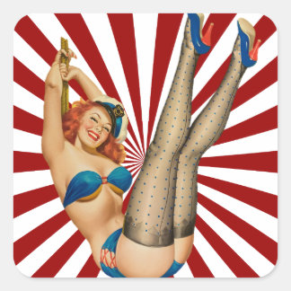Rood Haired Pin-up Meisje Retro Sunset Vierkante Sticker