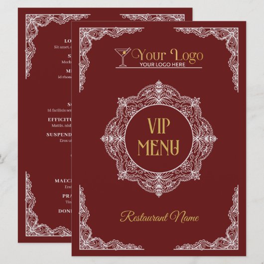 Rood handgetekend elegant sierlijk uw logo VIP Menu (Voorkant / Achterkant)