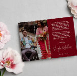 Rood handschrift script foto bruiloft dank u bedankkaart<br><div class="desc">Romantic bruiloft bedankt je kaart,  die is gedrukt met twee van je trouwfoto's,  een kleinere aan de ene kant en een grotere aan de andere kant. Dank u in een modern hand-schrijvend manuscript,  ook uw namen,  met een gedrukte dank u tekst hierboven.</div>