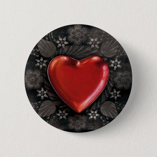 Rood hart bloemig ronde button 5,7 cm (Voorkant)