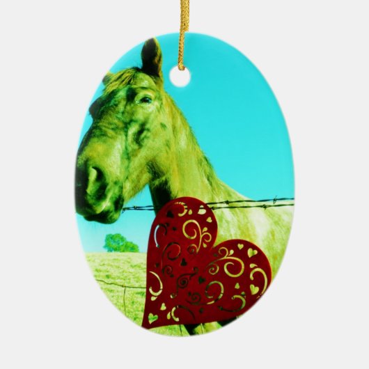 Rood hart en paard keramisch ornament (Voorkant)