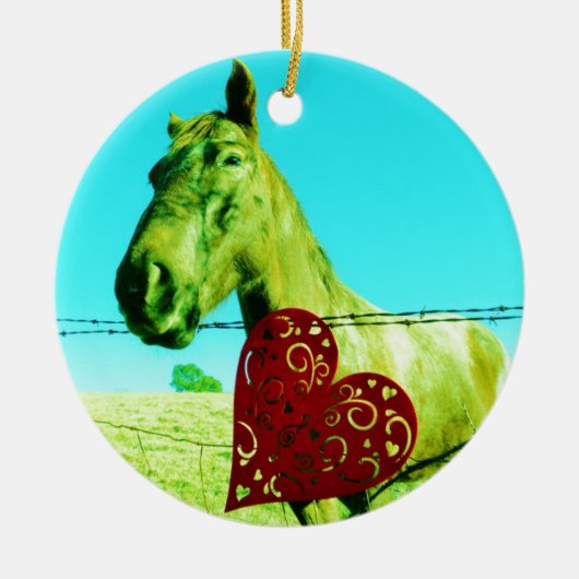 Rood hart en paard keramisch ornament (Voorkant)