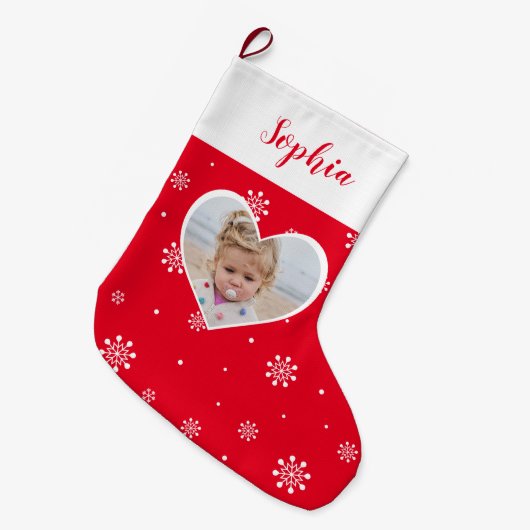 Rood hart en sneeuwvlokken | Aangepaste kerstfoto Grote Kerstsok (Voorkant (Hangend))