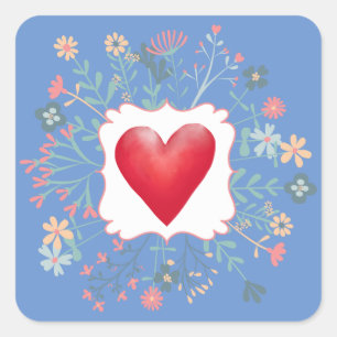 Rood hart, Floral Border, Valentijn Square Sticker