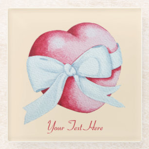 Rood hart gebonden met wit lint romantisch glazen onderzetter