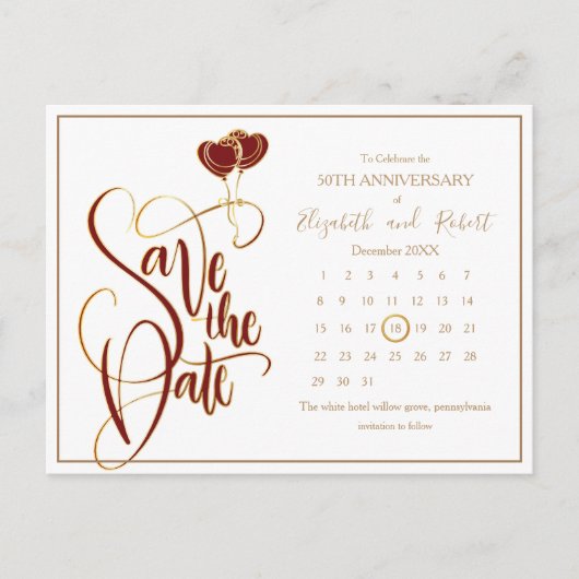 Rood Hart Goud 50ste Verjaardag Save The Date Aankondigingskaart (Voorkant)