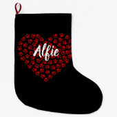 Rood Hart in Paw Prints Huisdier Naam Kerstmis Grote Kerstsok (Voorkant)