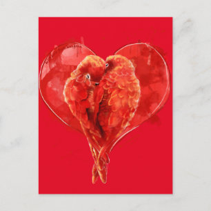 Rood hart. Loving parrots. Briefkaart
