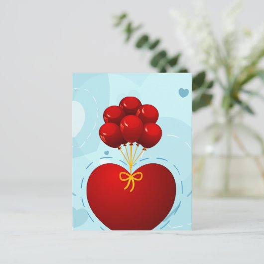 Rood hart met ballonnen, briefkaart (Staand voorkant)