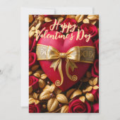 Rood Hart met Gouden Lint en Rozen Valentijns Kaart (Voorkant)