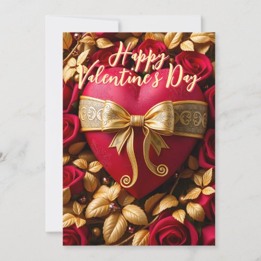 Rood Hart met Gouden Lint en Rozen Valentijns Kaart (Voorkant)