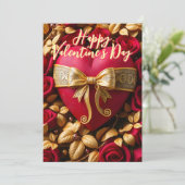 Rood Hart met Gouden Lint en Rozen Valentijns Kaart (Staand voorkant)