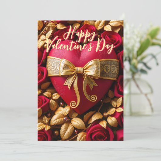 Rood Hart met Gouden Lint en Rozen Valentijns Kaart (Staand voorkant)