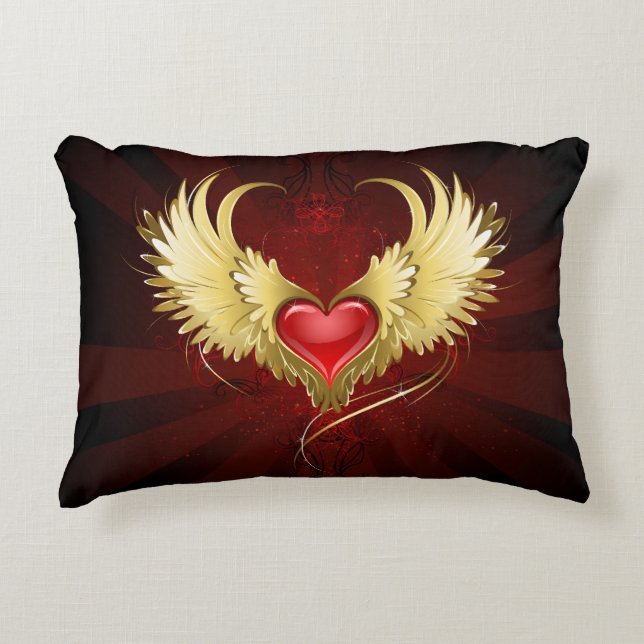 Rood Hart met Gouden Vleugels Accent Kussen (Voorkant)