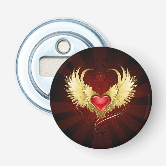 Rood Hart met Gouden Vleugels Button Flesopener (Voorkant)